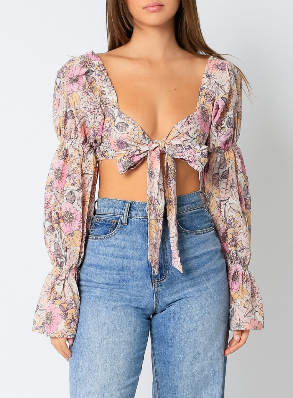 Puff Sleeve Floral Tie Top