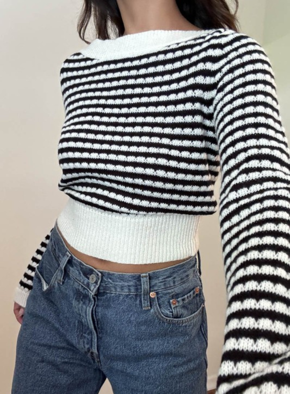 Boat Neck Striped Long Sleeve Top