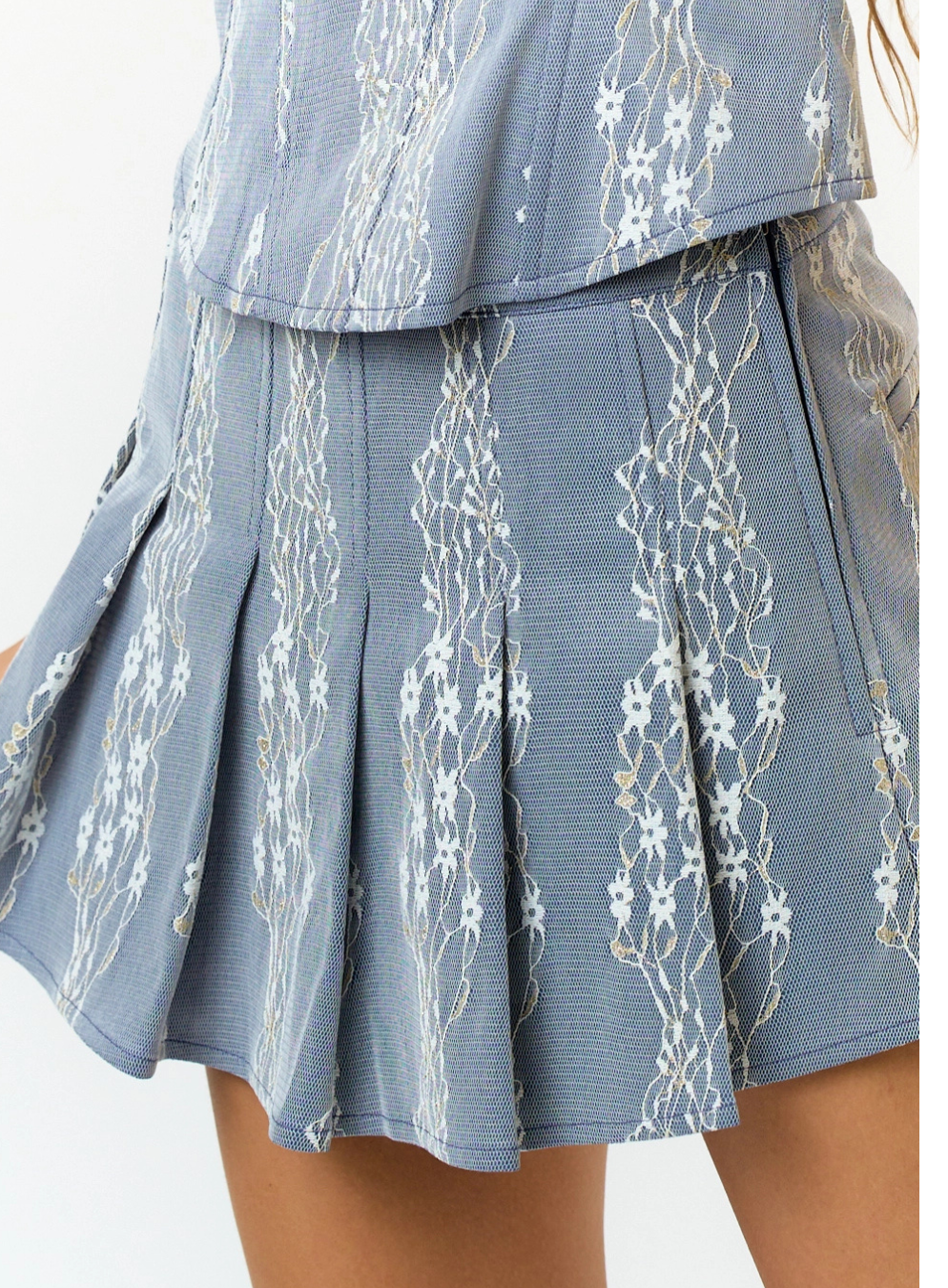 Denim Lace Pleated Mini Skort