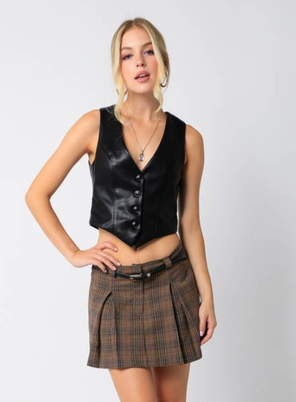 Inverted Pleated Mini Skirt in Taupe Brown