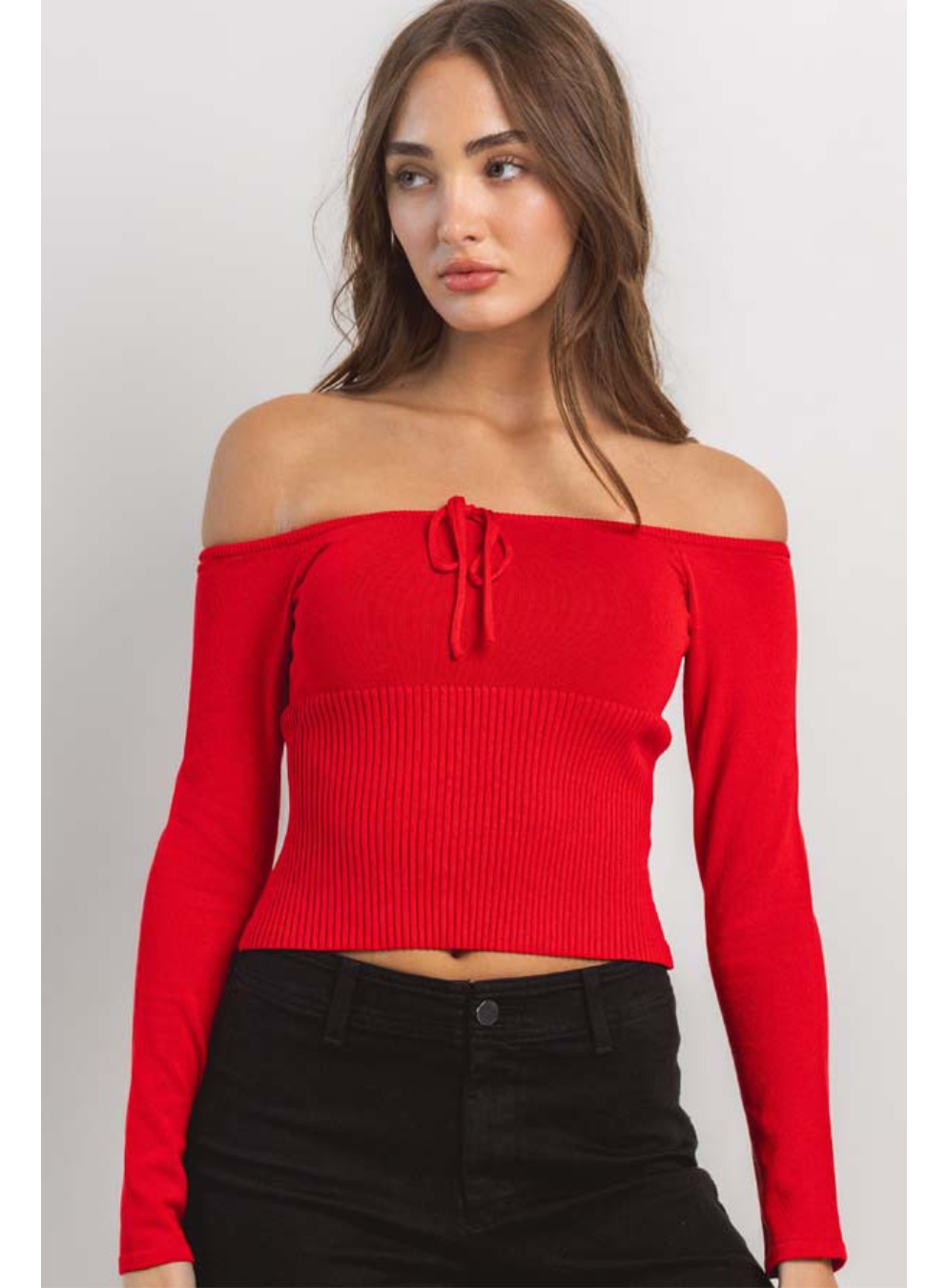 Off Shoulder Tie Sweater in Red