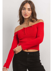 Off Shoulder Tie Sweater in Red