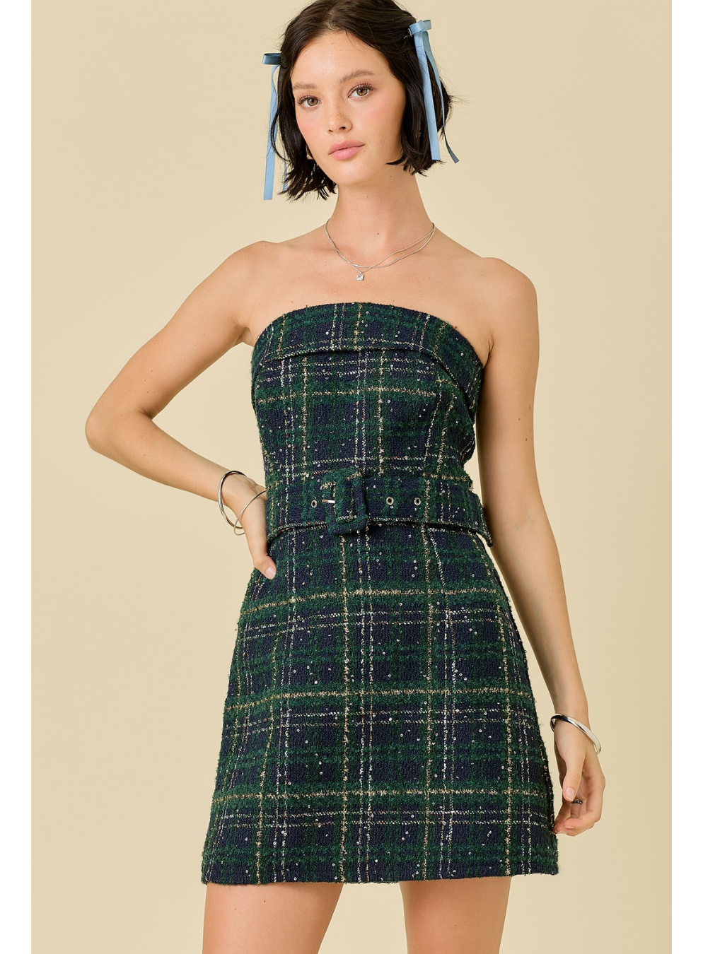 Plaid Strapless Tweed Dress