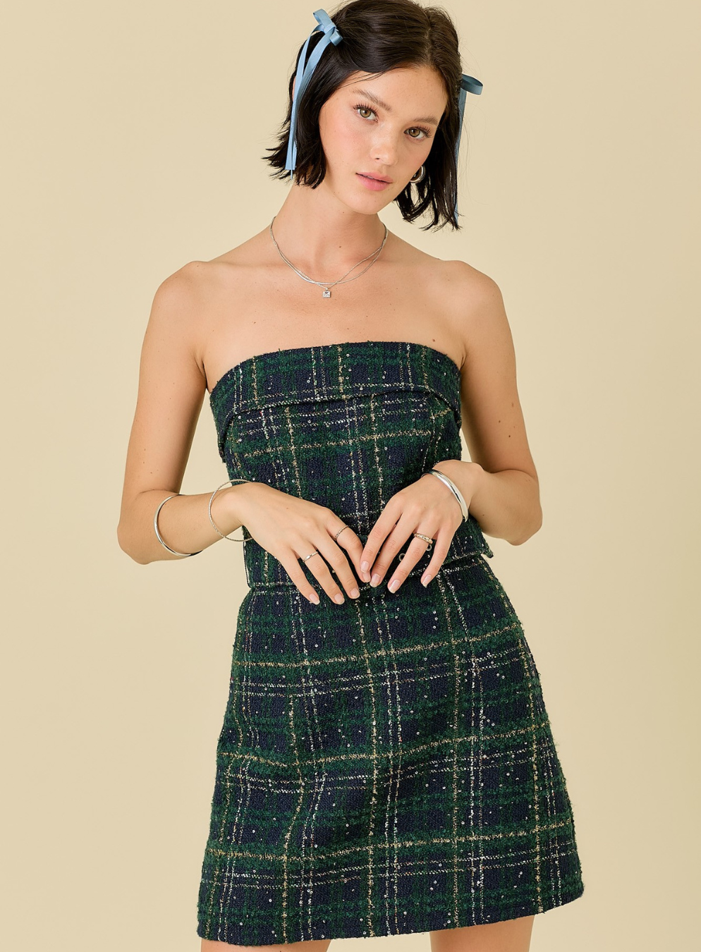 Plaid Strapless Tweed Dress