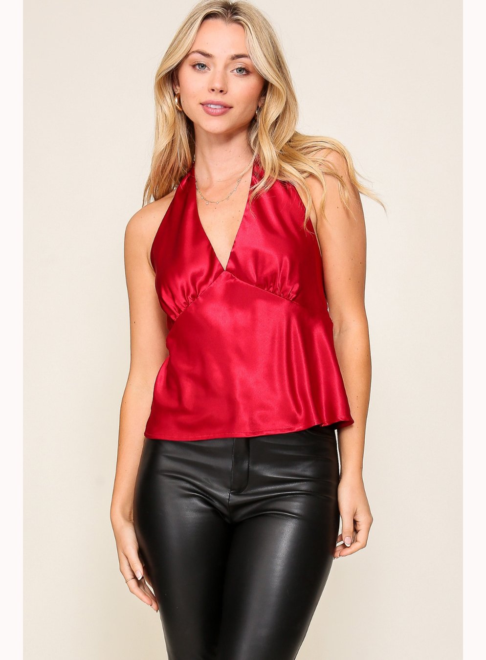 Amerie Satin Sleeveless Halter Top in Red - Highly Praise