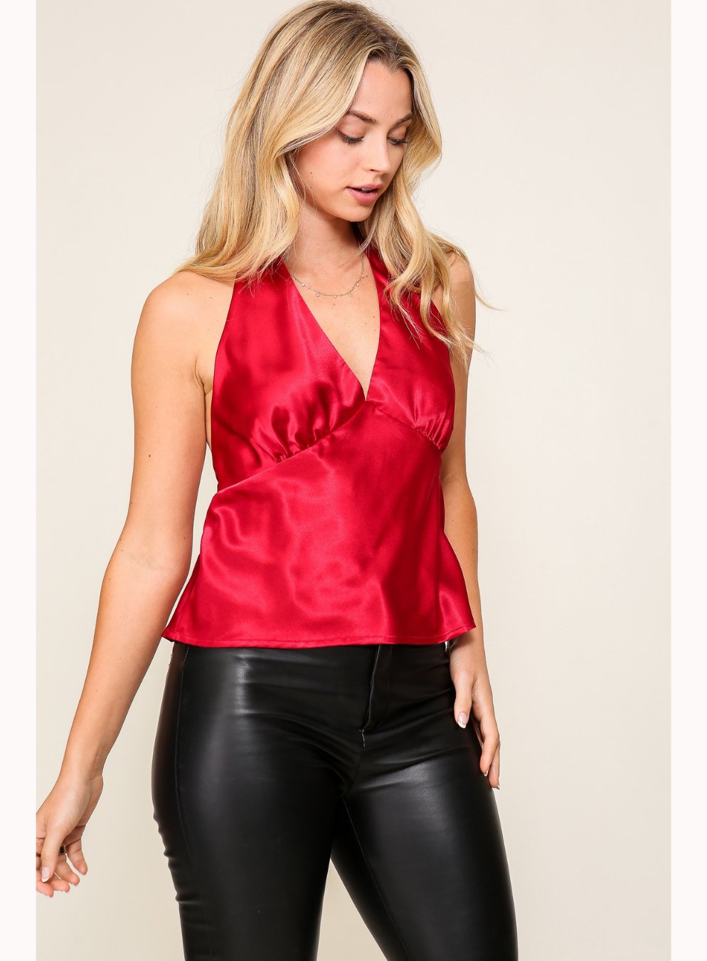 Amerie Satin Sleeveless Halter Top in Red - Highly Praise