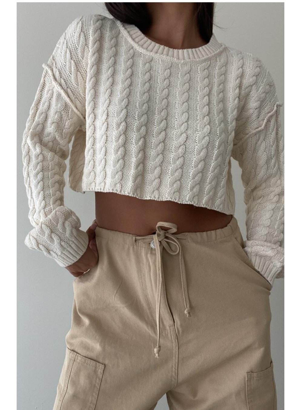 Cable Knit Cropped Sweater in Cream - Highly Praise