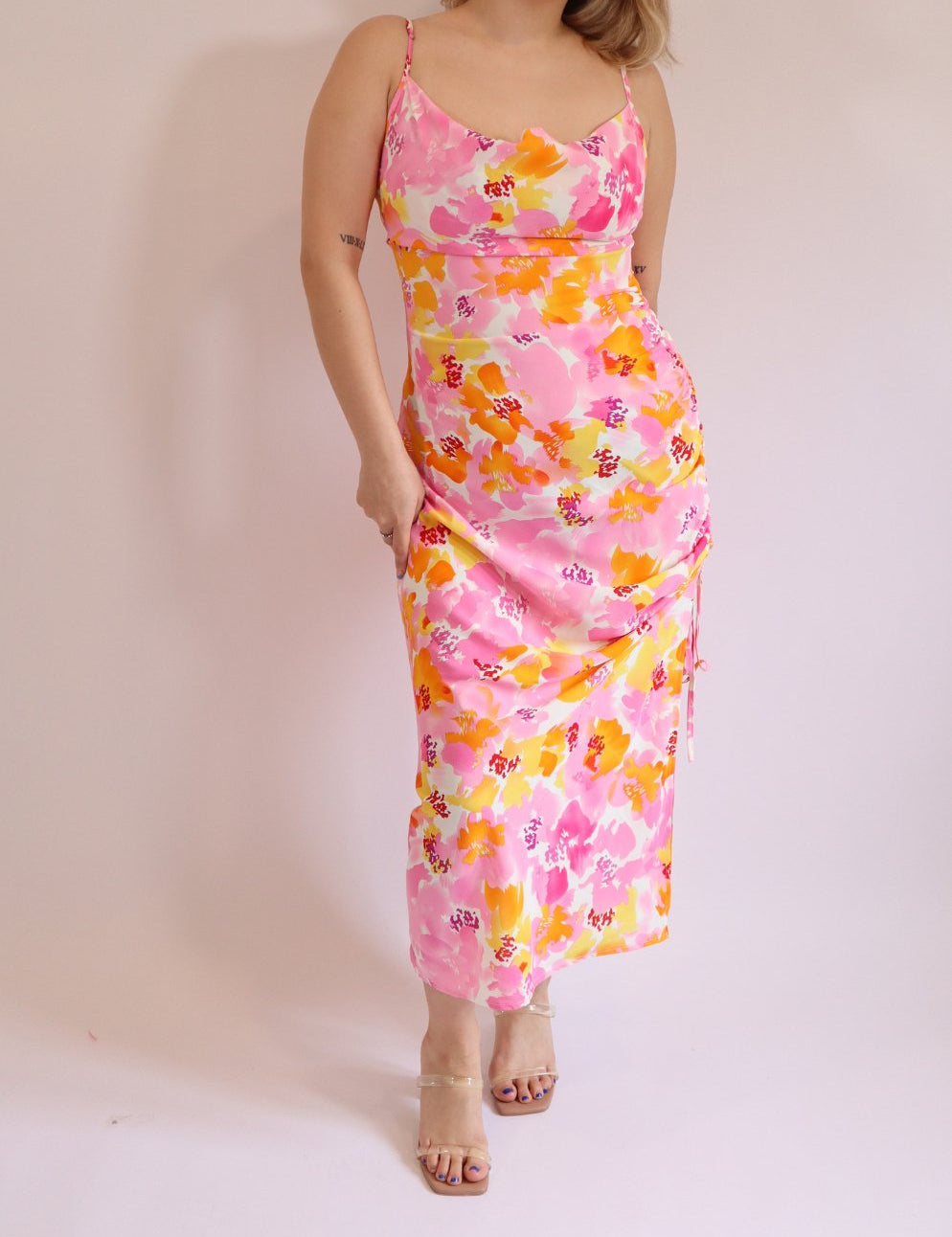 Cowl Neck Floral Ruched Midi Dress - Highly Praise