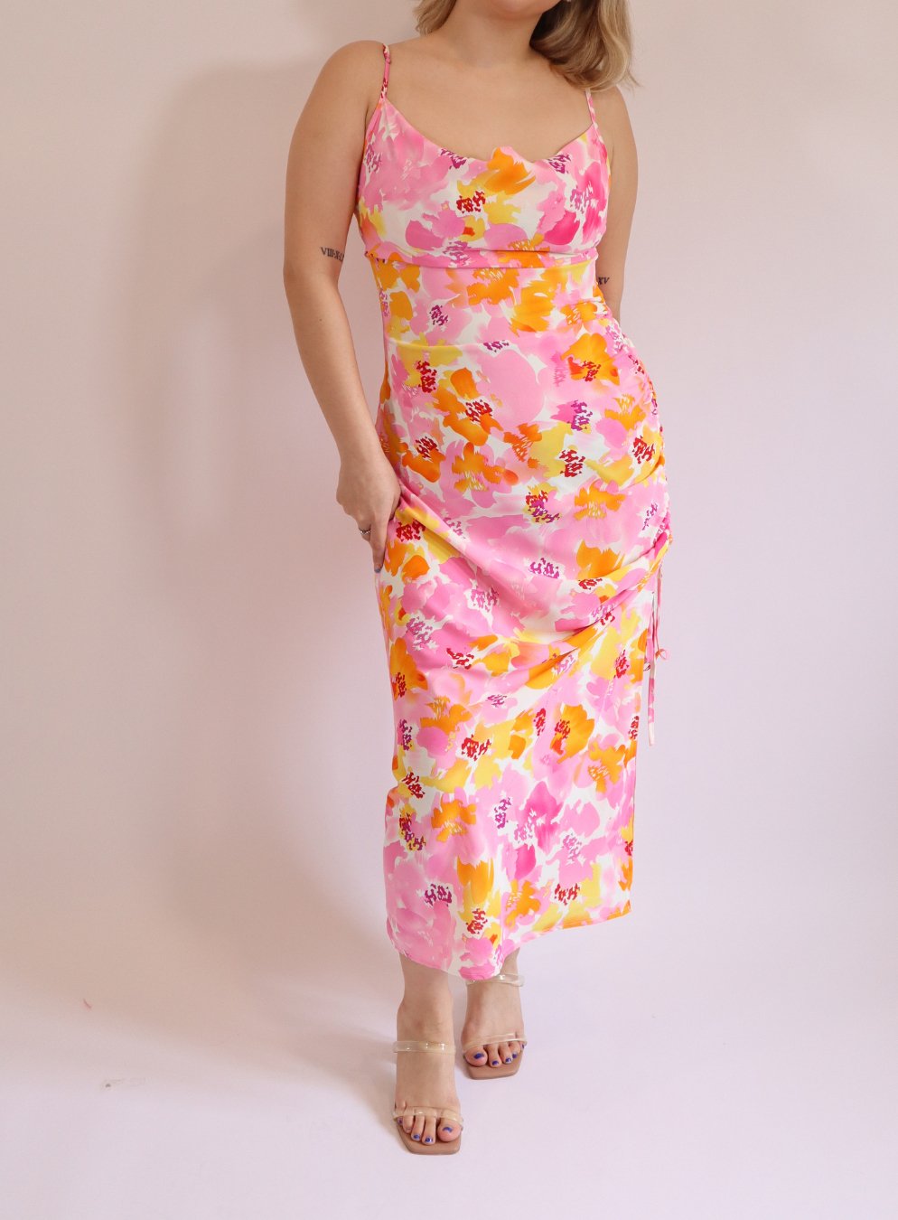 Cowl Neck Floral Ruched Midi Dress - Highly Praise