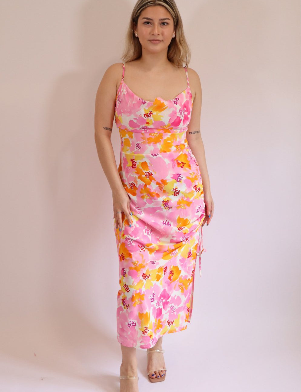 Cowl Neck Floral Ruched Midi Dress - Highly Praise