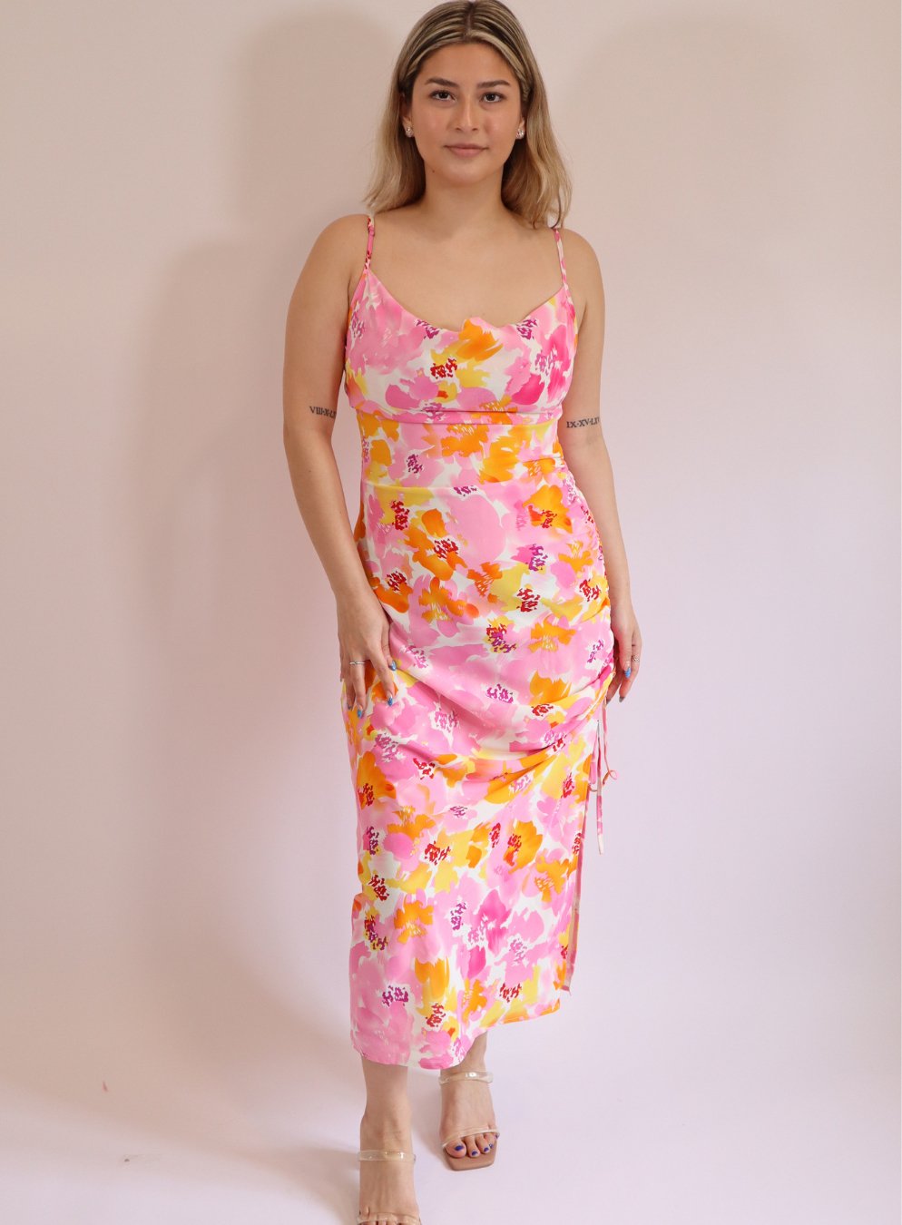 Cowl Neck Floral Ruched Midi Dress - Highly Praise