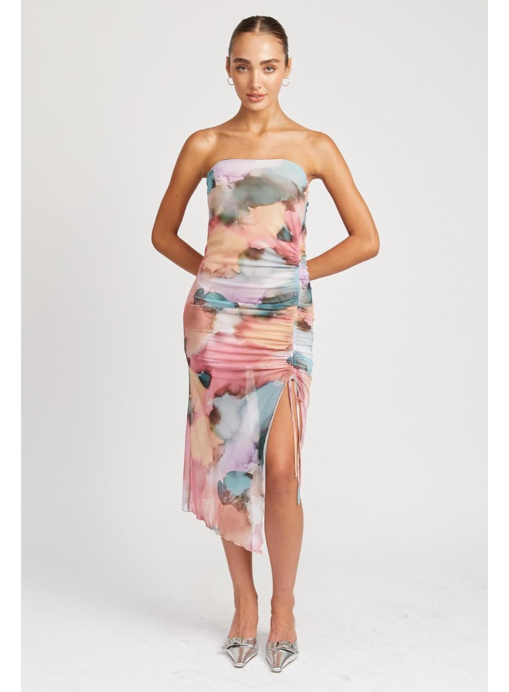 Floral Shirred Midi Dress w/ High Slit - Highly Praise