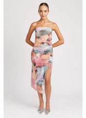 Floral Shirred Midi Dress w/ High Slit - Highly Praise