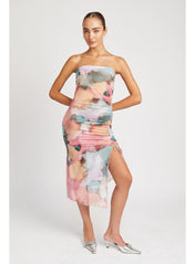 Floral Shirred Midi Dress w/ High Slit - Highly Praise