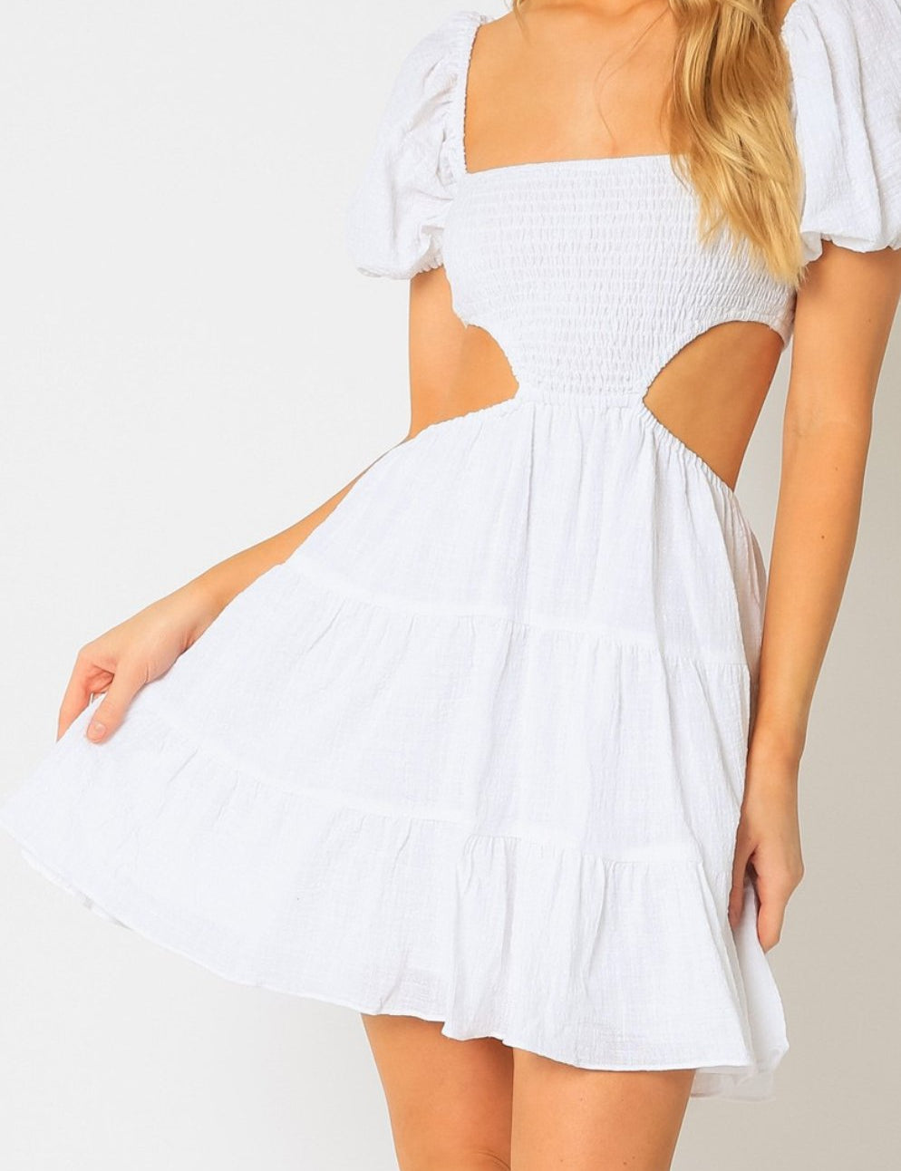 Gauze Smocking Mini Cut Out Dress - Highly Praise