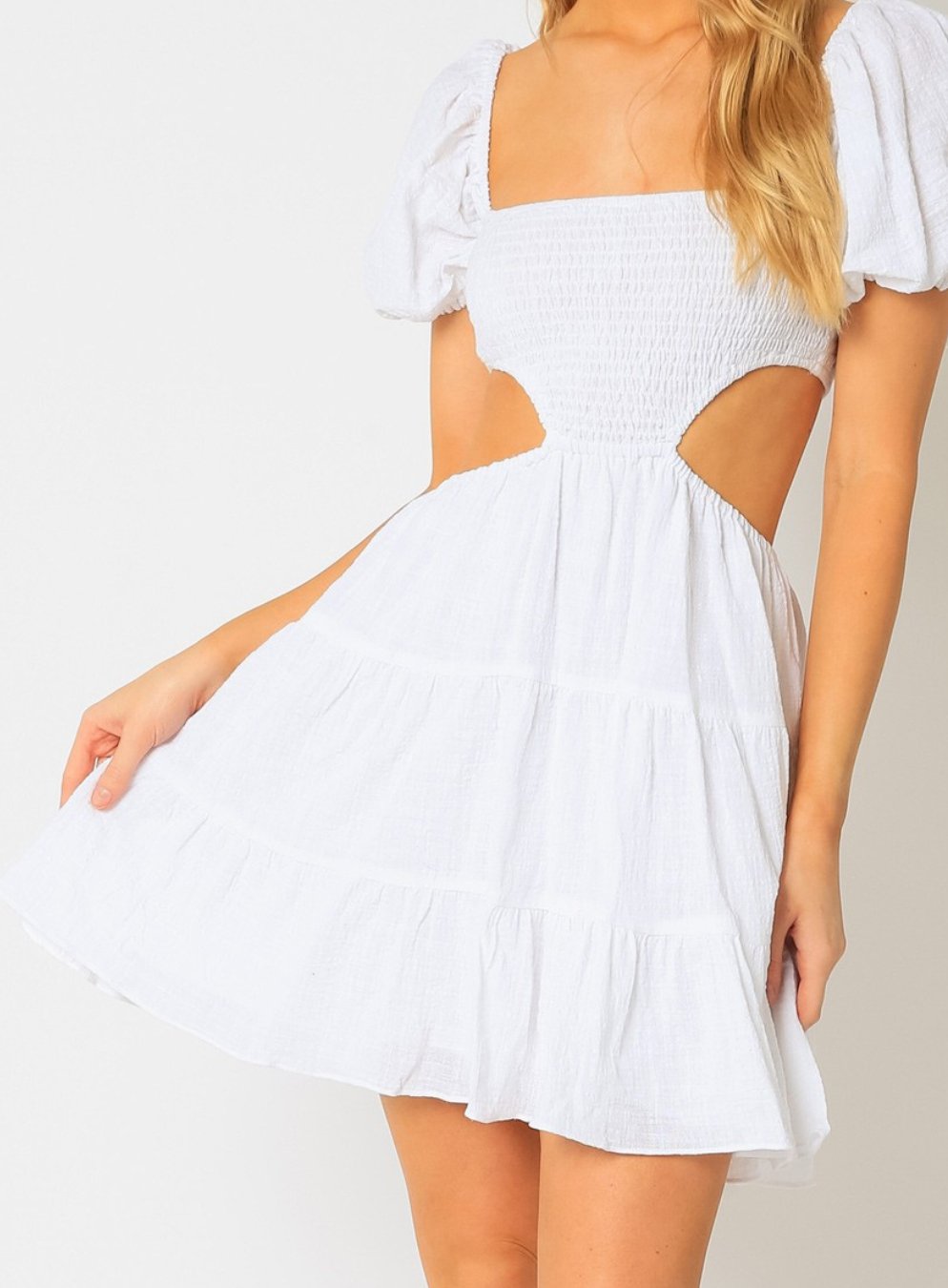 Gauze Smocking Mini Cut Out Dress - Highly Praise