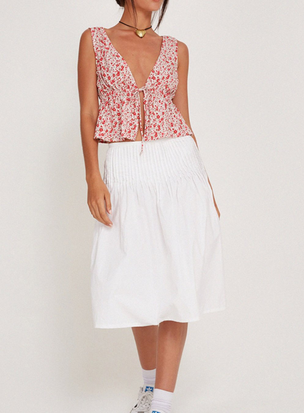 Rolia Tie Top In Ditsy Floral Blush Red - Highly Praise