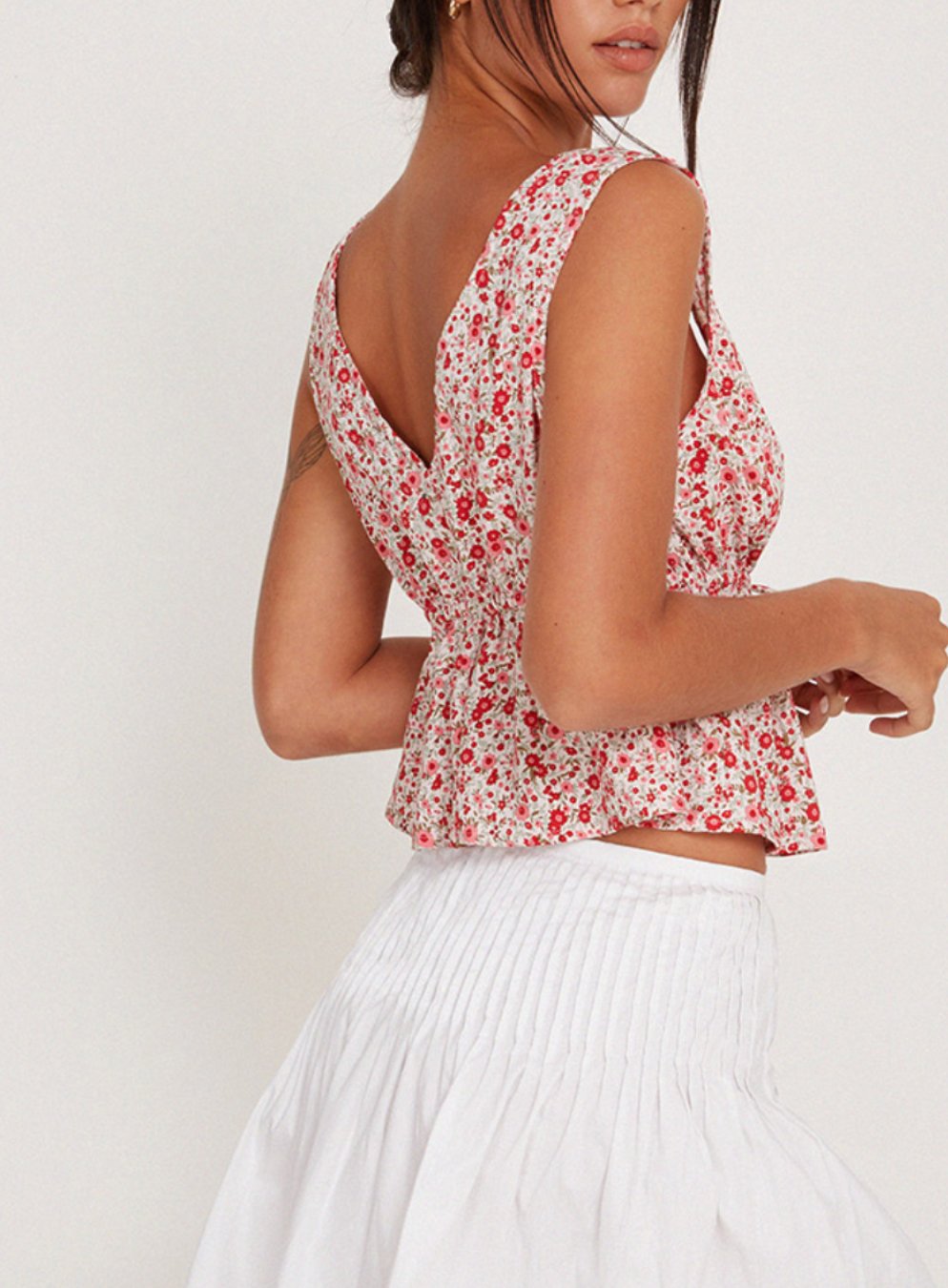 Rolia Tie Top In Ditsy Floral Blush Red - Highly Praise