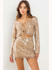 Sequin Long Sleeve Tie Front Crop Top in Taupe - Highly Praise