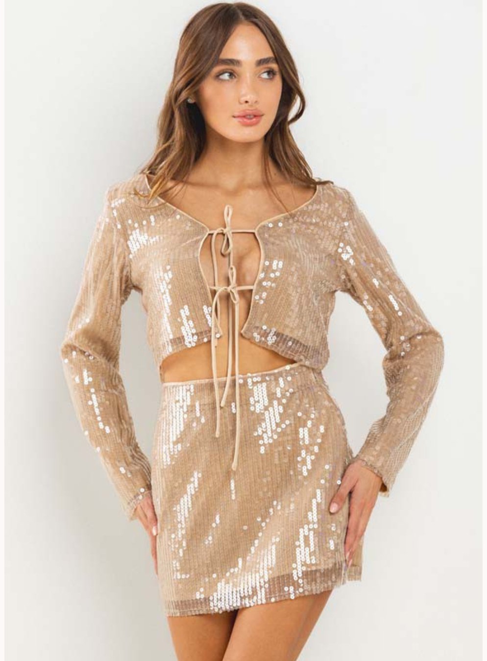 Sequin Long Sleeve Tie Front Crop Top in Taupe - Highly Praise