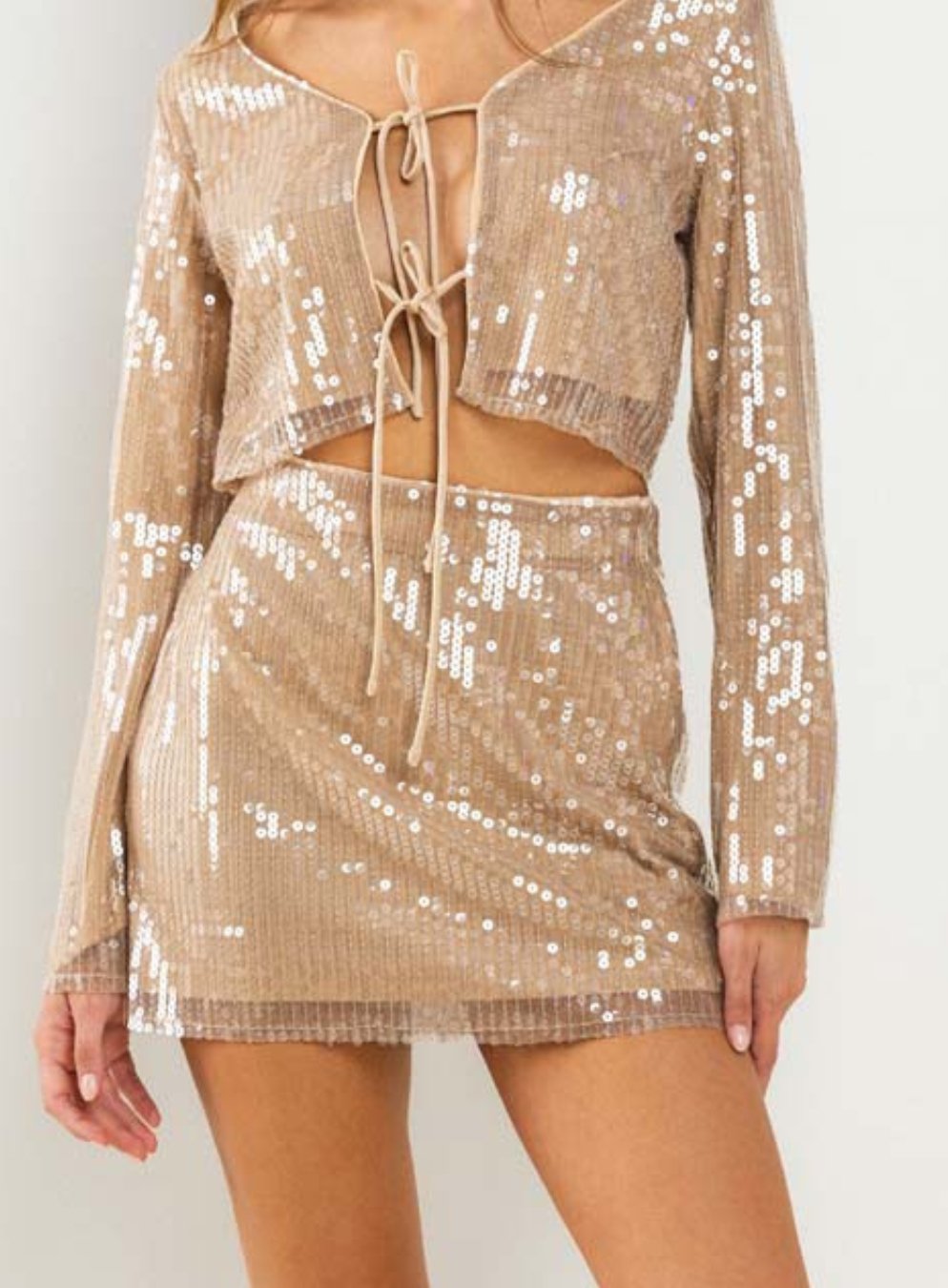 Sequin Mid Rise Mini Skirt in Taupe - Highly Praise